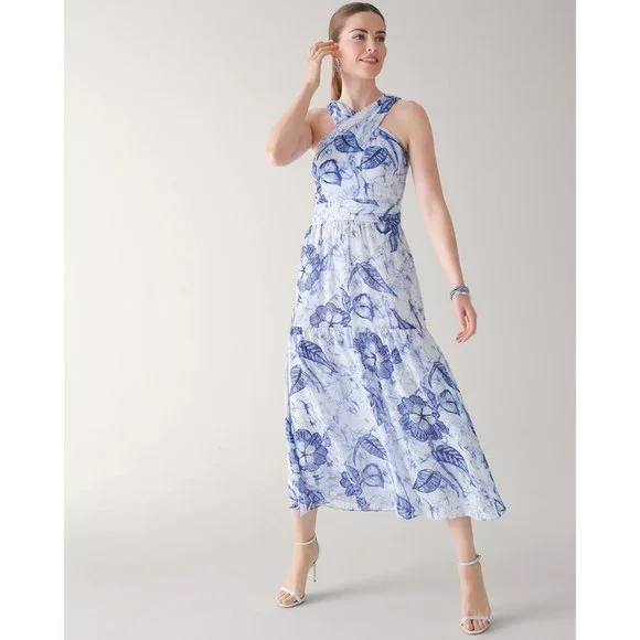 NWT WHBM Blue Floral Batik Halter Midi Dress Size 2 - Picture 4 of 9